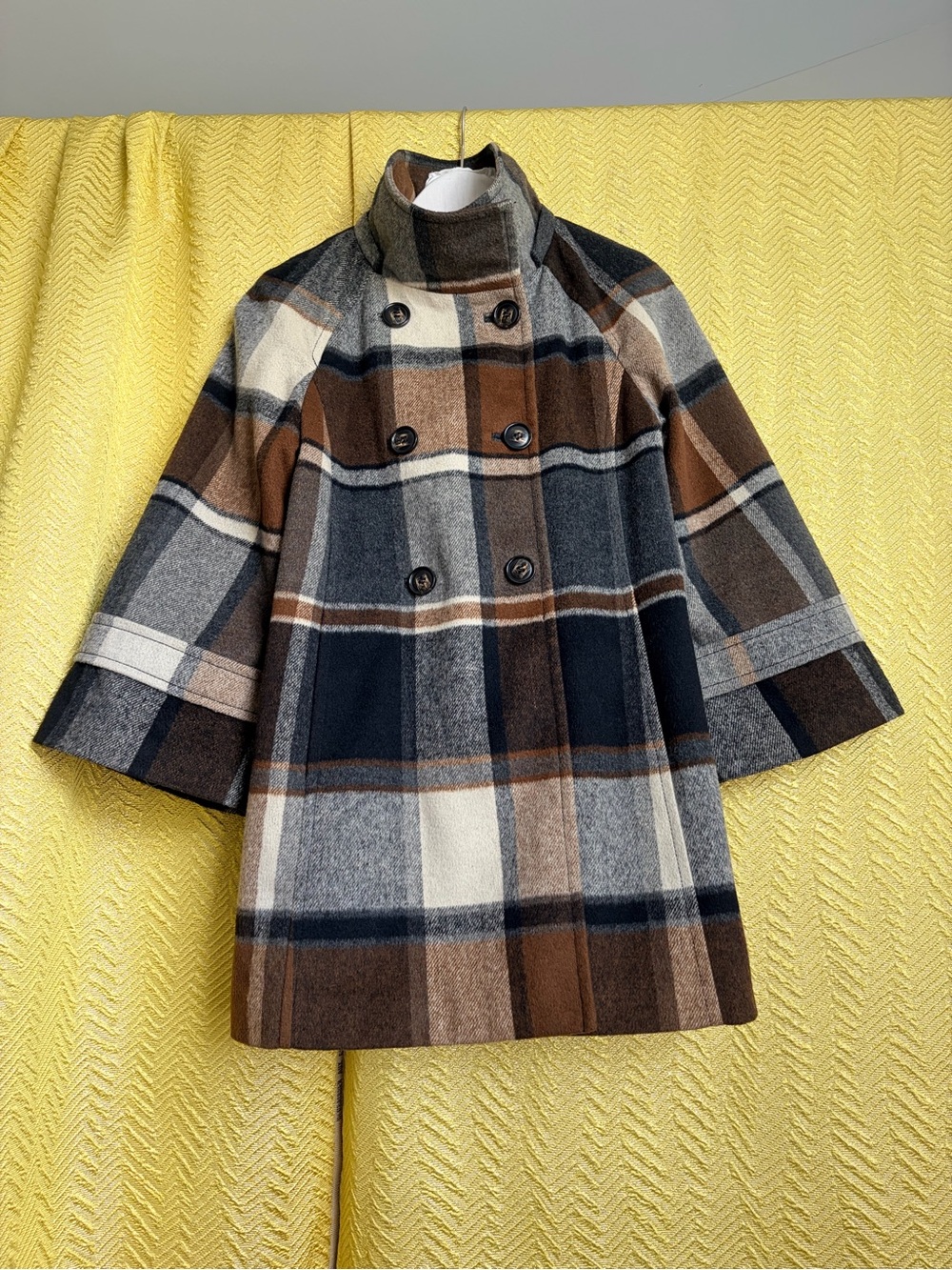 Anthropologie Plaid Double-Breasted Peacoat in Brown, Gray & Cream